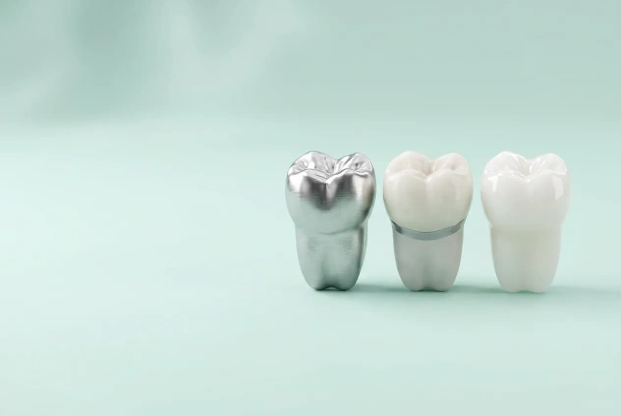 Trei coroane dentare una lângă alta, din metal, din metalo-ceramică și din zirconiu: aceeași lucrare, trei materiale și trei prețuri